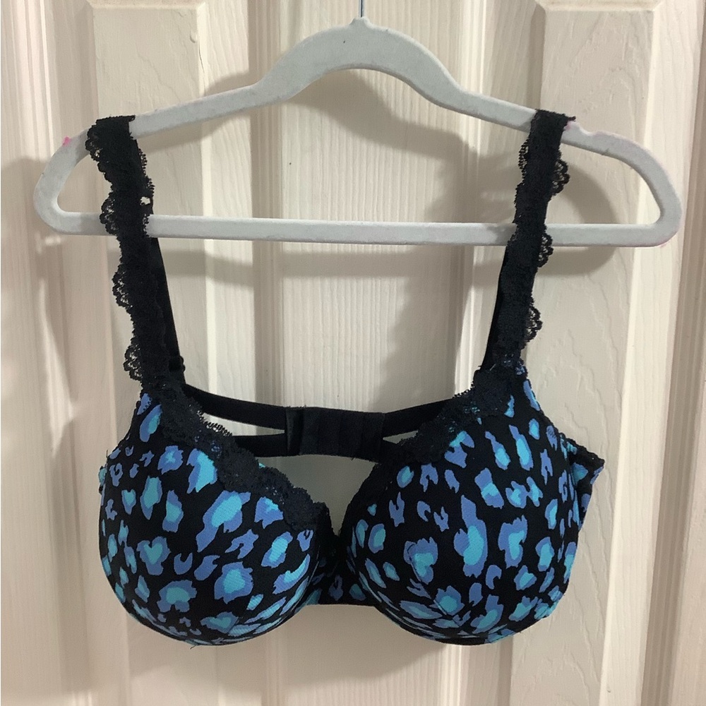 Blue Leopard Lace-Trim Molded Cup Bra - size 38C